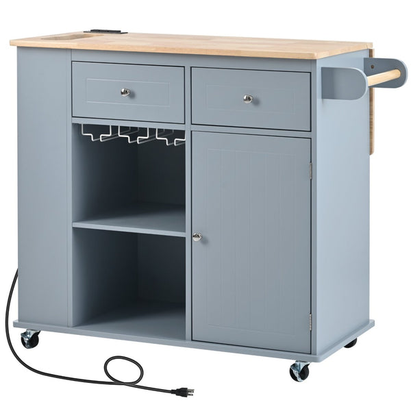 English Elm Kitchen Island Cart with Drop Leaf Power Outlet Rubberwood Top Wine Rack Rolling Blue WF305556AAG