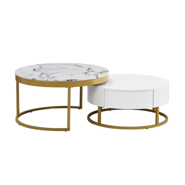 English Elm Modern White Lacquer Round Nesting Tables Gold Pedestal Base Glam Living Room Set N735P386429K