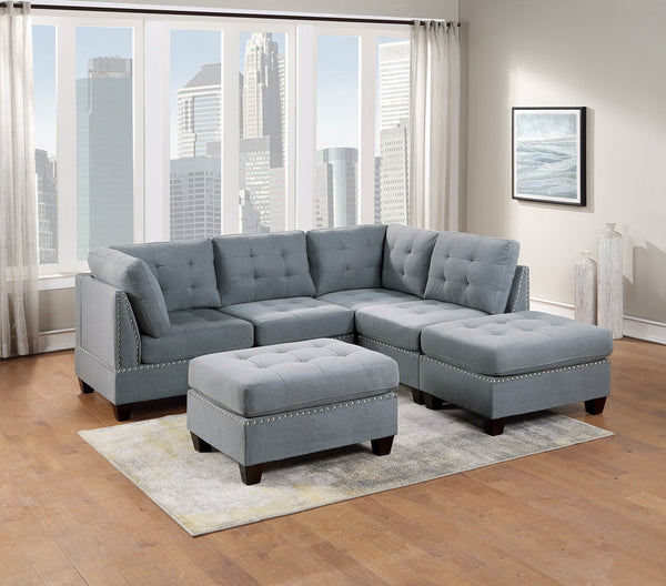 English Elm Modular 6-Piece Sectional Set In Gray Linen, Tufted With Nailheads - Versatile Living Room Furniture B011S00415