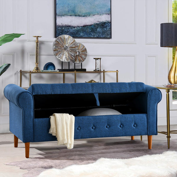 English Elm 62" Tufted Button Storage Bench with Solid Wood Feet, Modern Fabric Ottoman for Entryway Seating and Bedroom Elegance Blue W1853112514