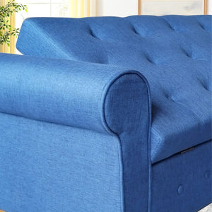 English Elm 62" Tufted Button Storage Bench with Solid Wood Feet, Modern Fabric Ottoman for Entryway Seating and Bedroom Elegance Blue W1853112514