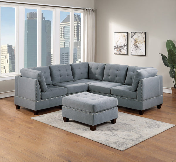 English Elm Modular 6-Piece Sectional Sofa Set - Stylish Gray Linen, Tufted Design With Nailhead Trim & Ottoman B011S00414