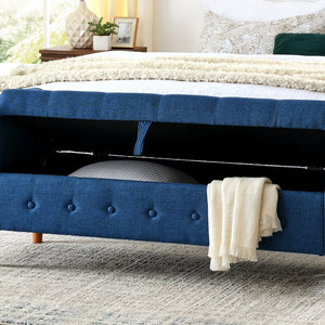 English Elm 62" Tufted Button Storage Bench with Solid Wood Feet, Modern Fabric Ottoman for Entryway Seating and Bedroom Elegance Blue W1853112514