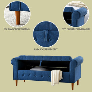 English Elm 62" Tufted Button Storage Bench with Solid Wood Feet, Modern Fabric Ottoman for Entryway Seating and Bedroom Elegance Blue W1853112514