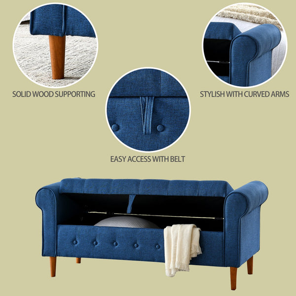 English Elm 62" Tufted Button Storage Bench with Solid Wood Feet, Modern Fabric Ottoman for Entryway Seating and Bedroom Elegance Blue W1853112514
