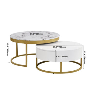 English Elm Modern White Lacquer Round Nesting Tables Gold Pedestal Base Glam Living Room Set N735P386429K