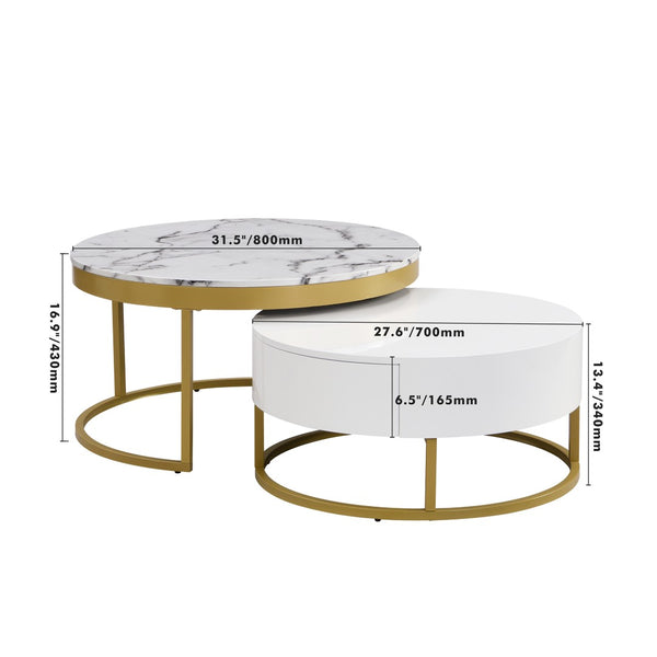 English Elm Modern White Lacquer Round Nesting Tables Gold Pedestal Base Glam Living Room Set N735P386429K