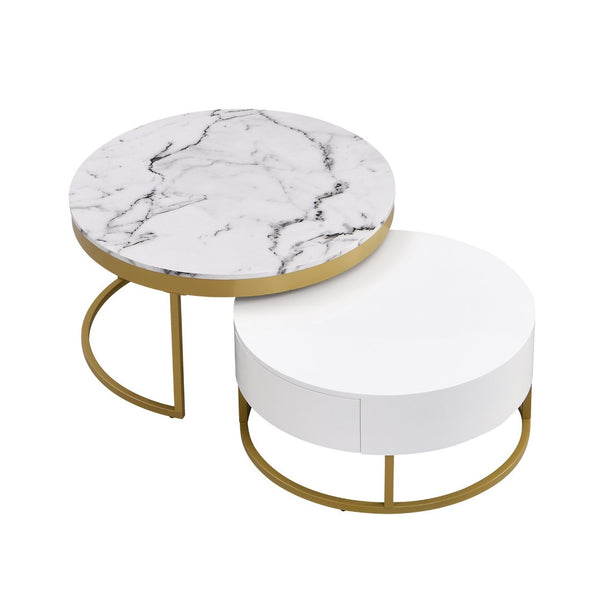 English Elm Modern White Lacquer Round Nesting Tables Gold Pedestal Base Glam Living Room Set N735P386429K