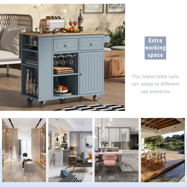 English Elm Kitchen Island Cart with Drop Leaf Power Outlet Rubberwood Top Wine Rack Rolling Blue WF305556AAG