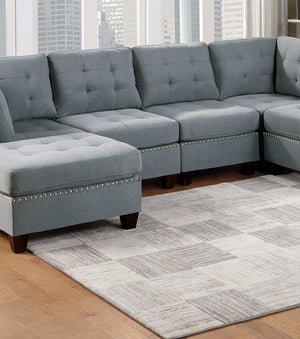 English Elm Modular Sectional 6-Piece U-Shaped Sofa Set In Gray Linen With Tufted Cushions & Nailhead Trim B011S00417