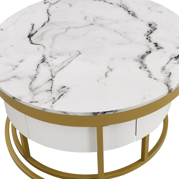 English Elm Modern White Lacquer Round Nesting Tables Gold Pedestal Base Glam Living Room Set N735P386429K