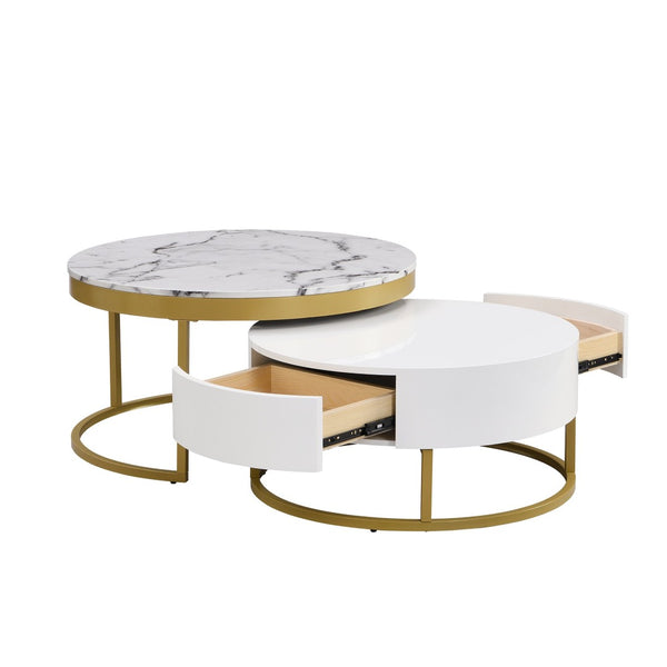English Elm Modern White Lacquer Round Nesting Tables Gold Pedestal Base Glam Living Room Set N735P386429K