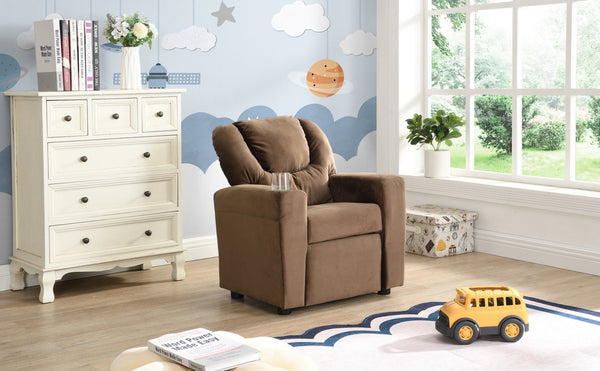 English Elm Kids Velvet Recliner with Adjustable Footrest Padded Headrest and Built in Cup Holders W214101804
