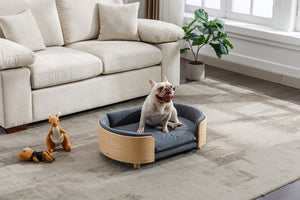 English Elm Scandinavian Elevated Dog Bed Sofa with Solid Wood Legs, Bent Back, Velvet Cushion, Mid Size Dark Grey W79490081