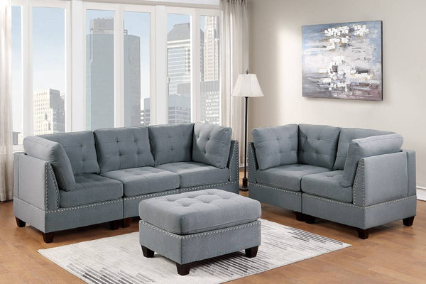 English Elm Modular Sofa Set 6-Piece Gray Linen Fabric With Tufted Design, Nailhead Trim, And Customizable Seating B011S00416