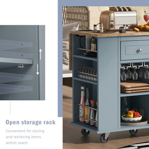 English Elm Kitchen Island Cart with Drop Leaf Power Outlet Rubberwood Top Wine Rack Rolling Blue WF305556AAG