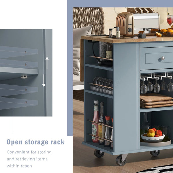 English Elm Kitchen Island Cart with Drop Leaf Power Outlet Rubberwood Top Wine Rack Rolling Blue WF305556AAG