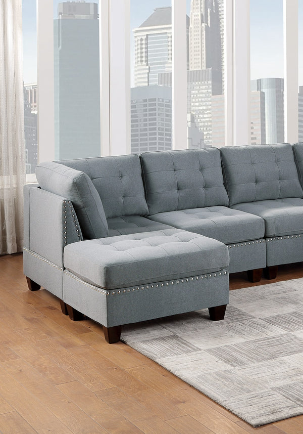 English Elm Modular Sectional 6-Piece U-Shaped Sofa Set In Gray Linen With Tufted Cushions & Nailhead Trim B011S00417