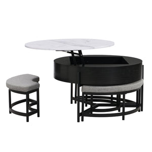 English Elm Modern Round Lift Top Coffee Table with Hidden Storage and Three Nesting Ottomans CH265770AAB