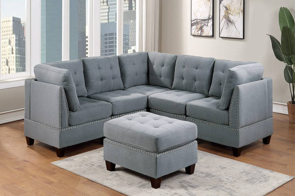 English Elm Modular 6-Piece Sectional Sofa Set - Stylish Gray Linen, Tufted Design With Nailhead Trim & Ottoman B011S00414