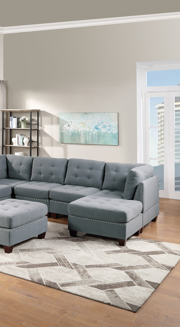 English Elm Modular 9-Piece Sectional Sofa Set With Tufted Design, Nailhead Trim & Gray Linen Fabric For Versatile Living Spaces B011S00413