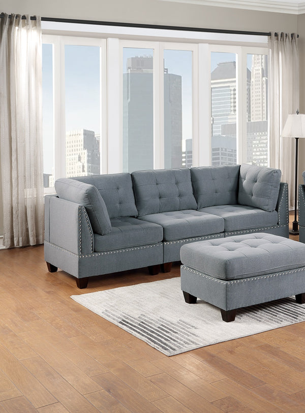 English Elm Modular Sofa Set 6-Piece Gray Linen Fabric With Tufted Design, Nailhead Trim, And Customizable Seating B011S00416