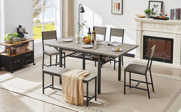English Elm Folding Dining Table with Drop Leaves, Grey/Black Space-Saving Design Seats 4-6, 63.2"x35.5" W1162104707