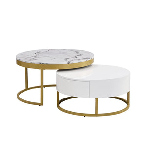 English Elm Modern White Lacquer Round Nesting Tables Gold Pedestal Base Glam Living Room Set N735P386429K