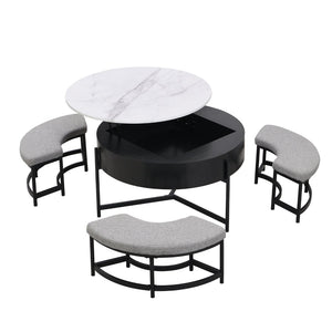 English Elm Modern Round Lift Top Coffee Table with Hidden Storage and Three Nesting Ottomans CH265770AAB