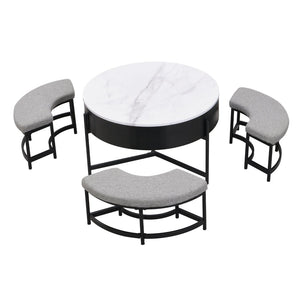 English Elm Modern Round Lift Top Coffee Table with Hidden Storage and Three Nesting Ottomans CH265770AAB