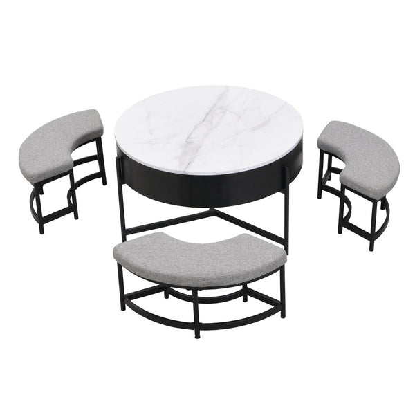 English Elm Modern Round Lift Top Coffee Table with Hidden Storage and Three Nesting Ottomans CH265770AAB