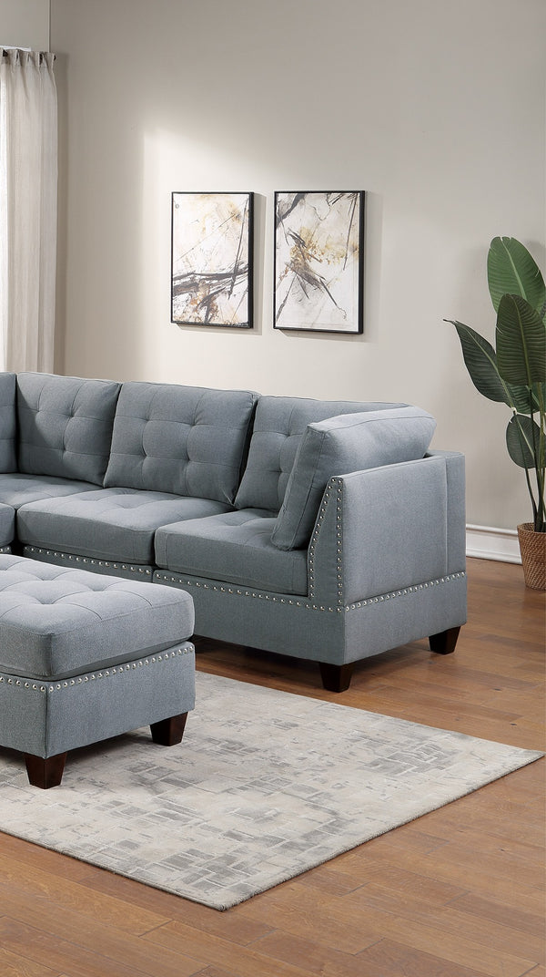 English Elm Modular 6-Piece Sectional Sofa Set - Stylish Gray Linen, Tufted Design With Nailhead Trim & Ottoman B011S00414