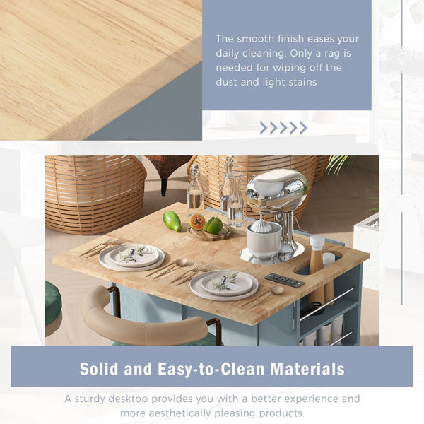 English Elm Kitchen Island Cart with Drop Leaf Power Outlet Rubberwood Top Wine Rack Rolling Blue WF305556AAG