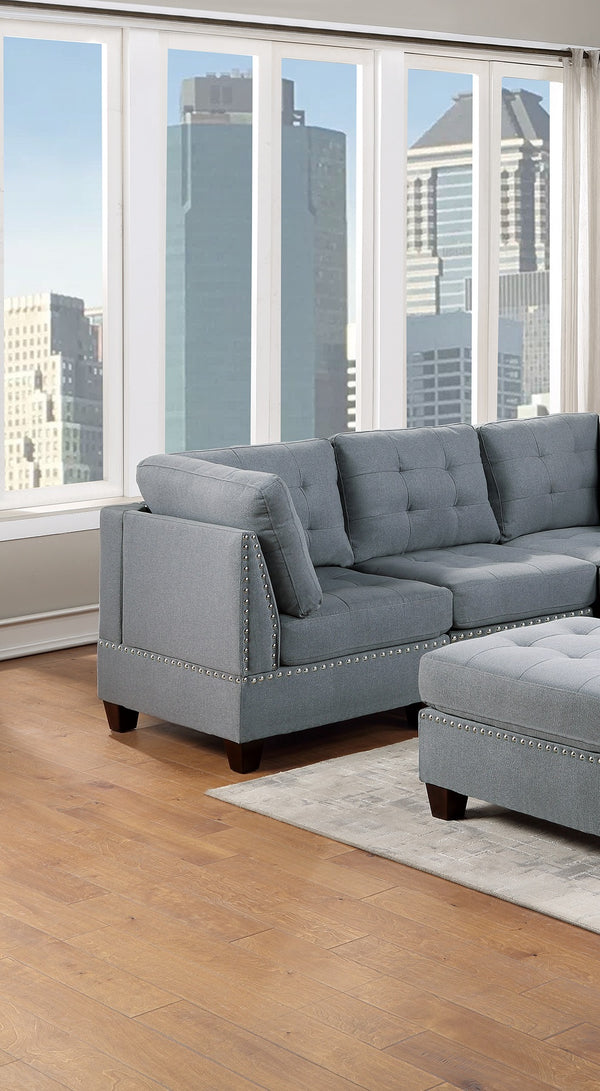 English Elm Modular 6-Piece Sectional Sofa Set - Stylish Gray Linen, Tufted Design With Nailhead Trim & Ottoman B011S00414