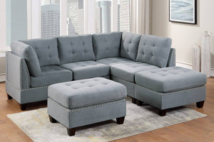 English Elm Modular 6-Piece Sectional Set In Gray Linen, Tufted With Nailheads - Versatile Living Room Furniture B011S00415