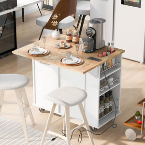 English Elm Kitchen Island Cart with Drop Leaf Power Outlet Rubberwood Top Wine Rack Rolling White WF305556AAW