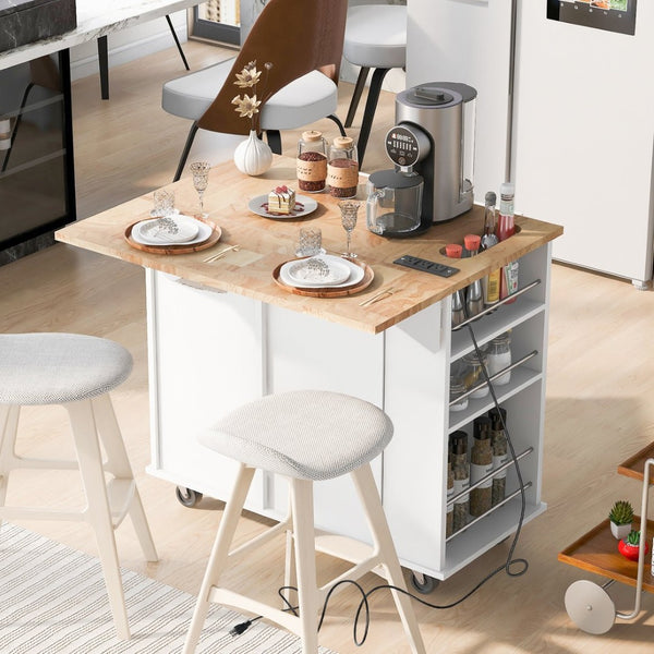 English Elm Kitchen Island Cart with Drop Leaf Power Outlet Rubberwood Top Wine Rack Rolling White WF305556AAW