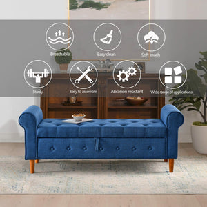 English Elm 62" Tufted Button Storage Bench with Solid Wood Feet, Modern Fabric Ottoman for Entryway Seating and Bedroom Elegance Blue W1853112514