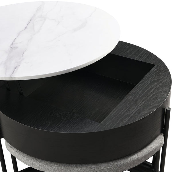 English Elm Modern Round Lift Top Coffee Table with Hidden Storage and Three Nesting Ottomans CH265770AAB