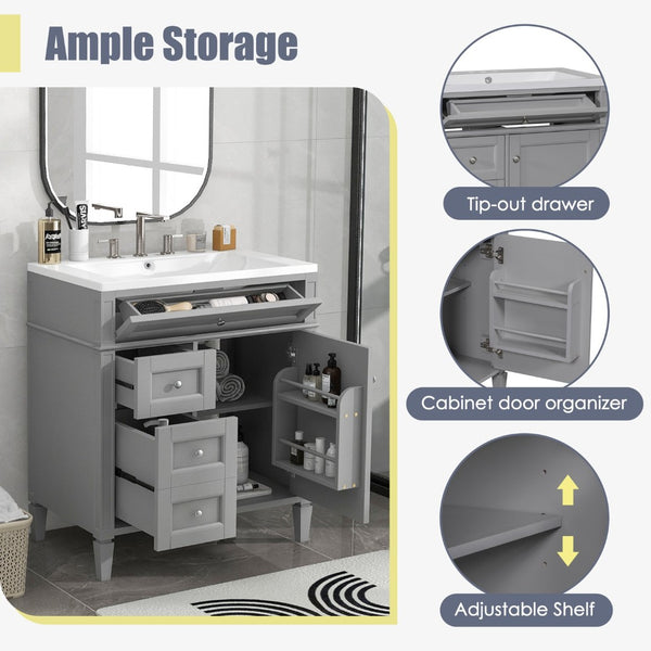 English Elm 30'' Modern Single Sink Vanity with Resin Basin Soft Close Drawers and Storage Cabinet SW000103AAE-2