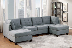 English Elm Modular Sectional 6-Piece U-Shaped Sofa Set In Gray Linen With Tufted Cushions & Nailhead Trim B011S00417