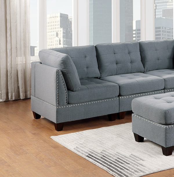 English Elm Modular Sofa Set 6-Piece Gray Linen Fabric With Tufted Design, Nailhead Trim, And Customizable Seating B011S00416