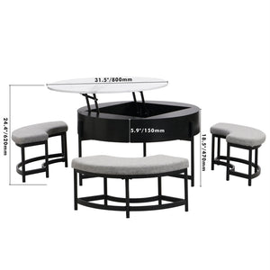 English Elm Modern Round Lift Top Coffee Table with Hidden Storage and Three Nesting Ottomans CH265770AAB