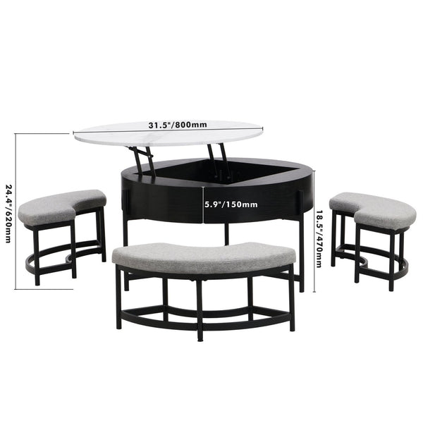 English Elm Modern Round Lift Top Coffee Table with Hidden Storage and Three Nesting Ottomans CH265770AAB