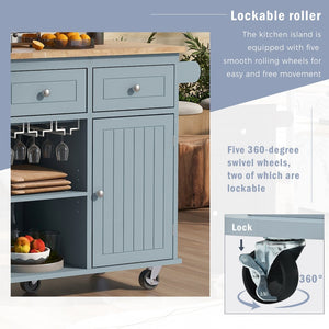 English Elm Kitchen Island Cart with Drop Leaf Power Outlet Rubberwood Top Wine Rack Rolling Blue WF305556AAG