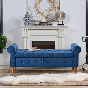 English Elm 62" Tufted Button Storage Bench with Solid Wood Feet, Modern Fabric Ottoman for Entryway Seating and Bedroom Elegance Blue W1853112514