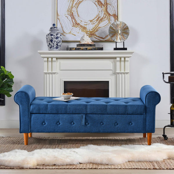 English Elm 62" Tufted Button Storage Bench with Solid Wood Feet, Modern Fabric Ottoman for Entryway Seating and Bedroom Elegance Blue W1853112514