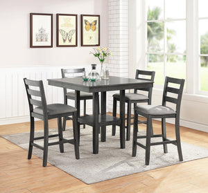 English Elm Classic Counter Height Dining Set Gray Finish 5pc Square Table with Storage Shelves & Ladder-Back Chairs B011119806