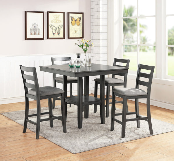 English Elm Classic Counter Height Dining Set Gray Finish 5pc Square Table with Storage Shelves & Ladder-Back Chairs B011119806