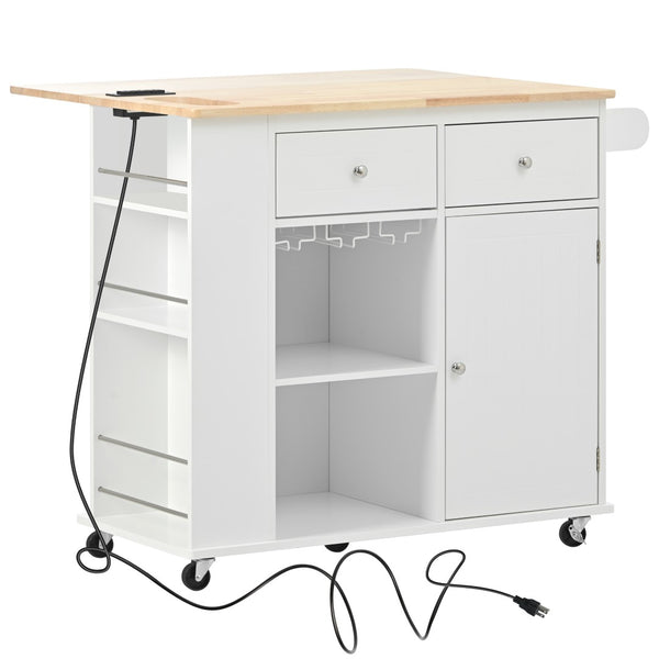 English Elm Kitchen Island Cart with Drop Leaf Power Outlet Rubberwood Top Wine Rack Rolling White WF305556AAW